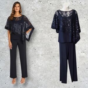 NWT RM Richards 2 PC Navy Lace Assymetrical Sequin Cape Pantsuit ~sz 8